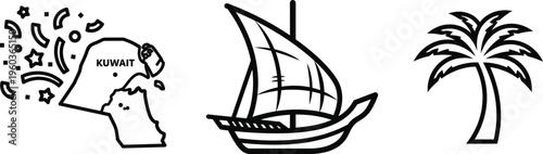 Kuwait map outline with celebratory confetti, traditional dhow boat and palm tree