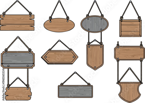 Variety of Wooden and Metal Hanging Signs and Plaques on Chains