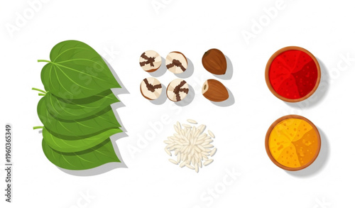 Traditional Indian Puja Items Vector Set with Betel Leaf Areca Nut Rice Kumkum and Turmeric Isolated on White Background