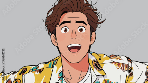 Young man smiles and spreads arms while wearing a colorful shirt in a lively setting during daytime