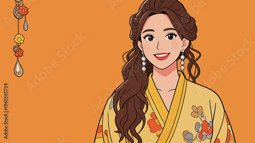 Young woman smiles while wearing a yellow outfit and standing against a bright orange background during a cultural celebration