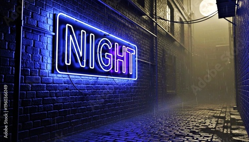 A foggy, narrow alley at night with a glowing 