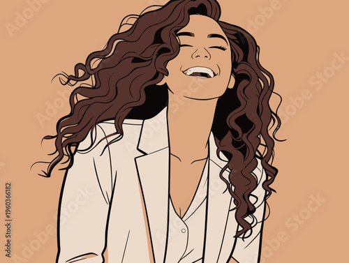 Smiling woman with curly hair wearing a white jacket laughs in a bright setting during a casual moment