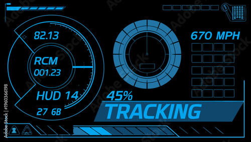 Futuristic heads up display showing speed tracking and system diagnostics