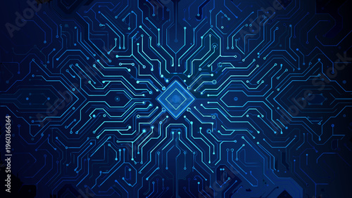 Fotografía Abstract blue circuit board pattern with a central glowing diamond shape
