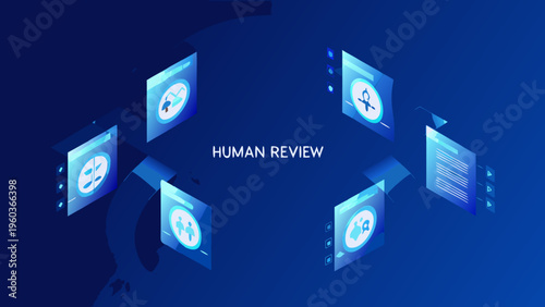 Isometric illustration depicting human review process with digital interface elements