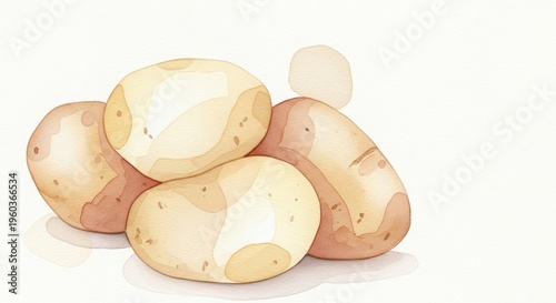 Delicate Watercolor Illustration of Potatoes with Soft Pale Colors