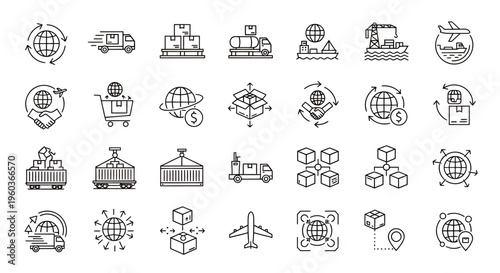 Collection of diverse line icons representing technology, industry, travel and science.