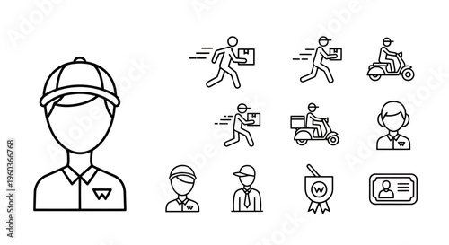 Set of construction worker icons showing safety gear and varied activities.