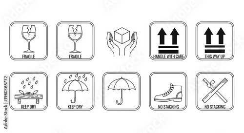 Set of shipping and handling icons for fragile items and safe transport.