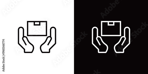 荷物を大事に扱うコンセプトのラインアイコン。白い線と黒い線のモノクロベクターイラストセット