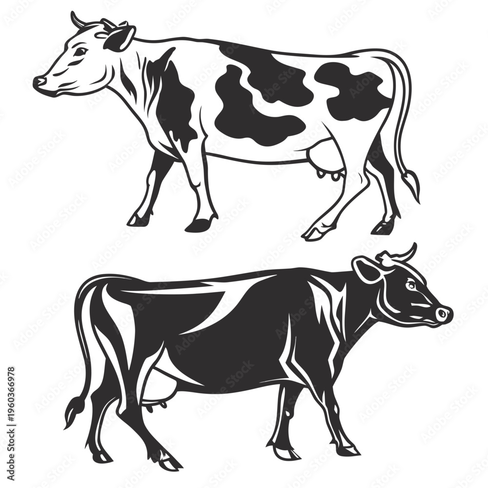 Fototapeta premium A black and white vector illustration of two cows in a minimalist style