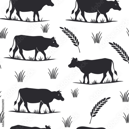 A black and white vector graphic illustration of cows and grass in a repeating pattern