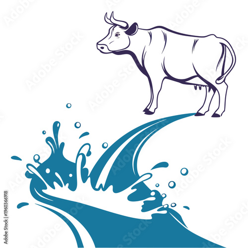 A minimalist vector illustration of a cow standing above a splash of milk