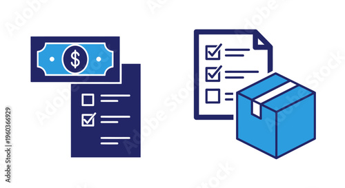 Business and logistics concept with documents, checklist and packaging box illustration.
