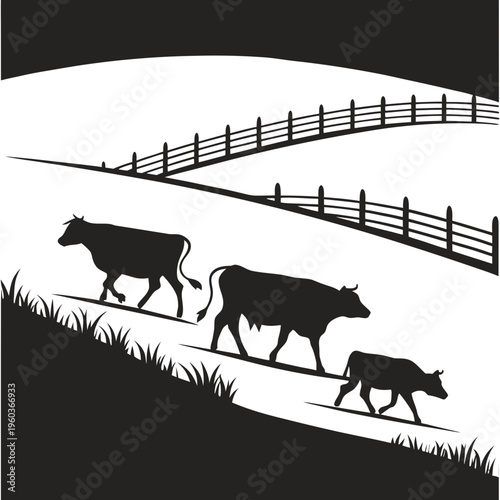 A black and white vector graphic illustration of three cows walking in a field with a fence