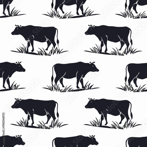 A seamless pattern of black cow silhouettes walking in grass on a white background