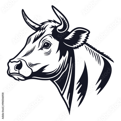 A black and white vector illustration of a cow's head in a bold, graphic style
