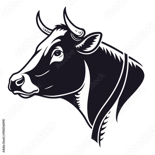 A black and white vector illustration of a cow's head in a bold, graphic style