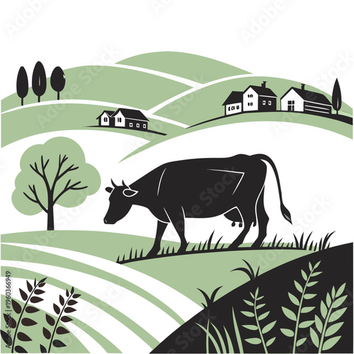 A minimalist vector illustration of a cow grazing in a rural landscape with houses and rolling hills