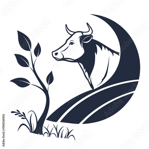A minimalist vector graphic illustration of a cow's head in profile, set against a stylized crescent moon and leafy plant design