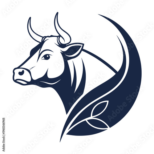 A minimalist vector graphic illustration of a bull's head with a leaf design