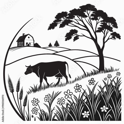 A black and white vector illustration of a cow grazing in a field with a house and tree in the background