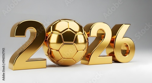 Golden 2026 number with soccer ball on neutral background for sports events