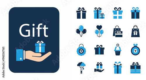 Blue gift icons and hand presenting a set of festive presents.