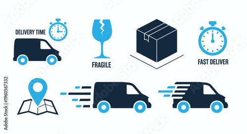 Delivery logistics icons showing fast van delivery, tracking, fragile packaging and route planning.