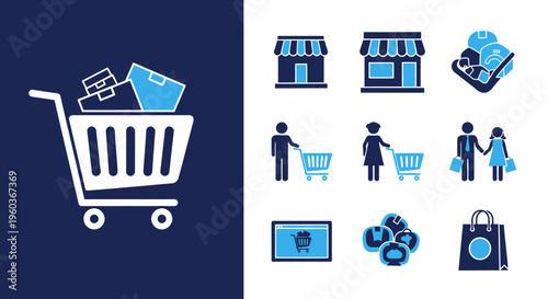 Shopping cart and storefront icons depicting retail and consumer commerce.