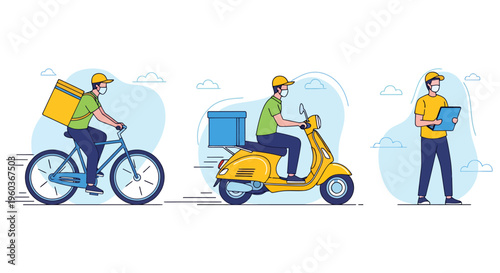 Urban Delivery Riders on Bicycle and Scooter with Logistics Worker Demonstrating Last-Mile Service.