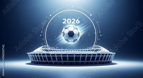 futuristic 2026 soccer ball in stadium with holographic light effects