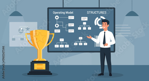 Business Man Presenting Award Winning Strategy on Screen.