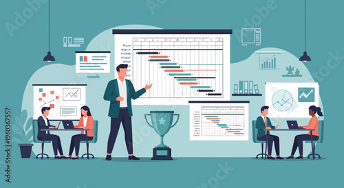 Business meeting with presentation and Gantt chart.