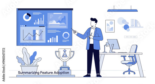 Business professional presenting feature adoption data on screen.