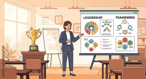 Businesswoman presenting leadership frameworks and strategies in a conference room.