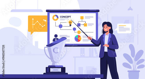 Businesswoman presenting strategy on a large screen with trophy.