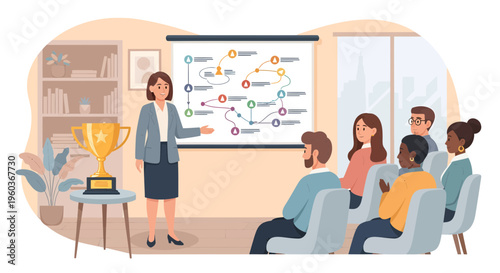 Businesswoman presenting strategy on a whiteboard to an audience.