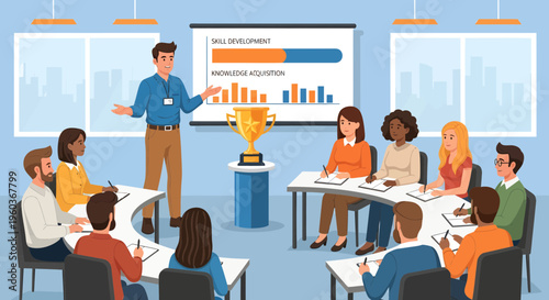 Diverse group of people attending a business presentation with a trophy.