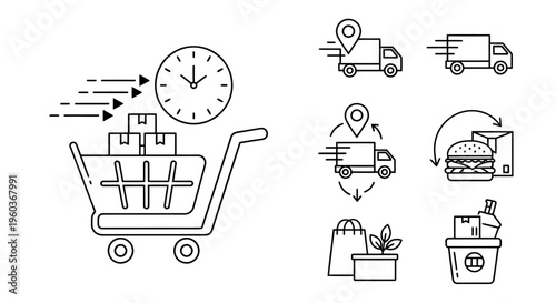 Online Shopping and Rapid Delivery Icons for Logistics and Retail.
