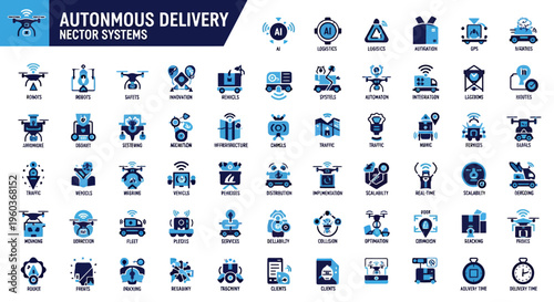 Blue vector icon set depicting autonomous delivery robots and related equipment in a branding style.