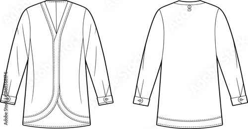 Women Long Sleeve Open Front Cardigan Vector Technical Drawing Illustration, V-Neck Blouse Back Button Detail Fashion Apparel Design Template,