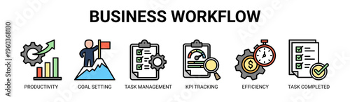 Business Workflow web banner icon vector illustration concept with icons of productivity, goal setting, task management, KPI tracking, efficiency, and task completed.