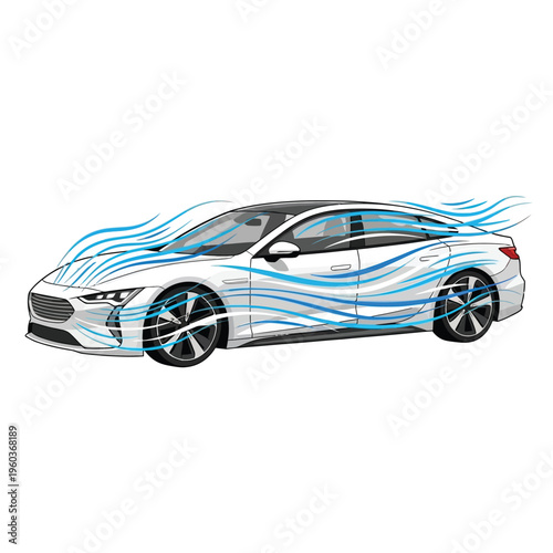 Aerodynamic design of a white car, illustrating airflow and wind resistance