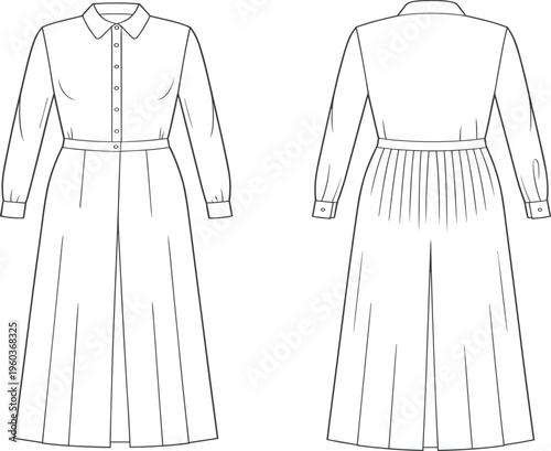 Women Long Sleeve Pussy Bow Tie Neck Maxi Dress Technical Sketch, Front and Back View Fashion Flat Vector Illustration Drawing