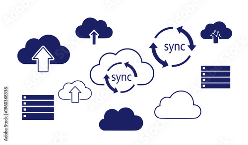 A vector graphic illustration of cloud syncing and data transfer between servers and clouds