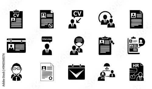 A set of black and white vector icons depicting various human resources and job application concepts including CVs resumes interviews and recruitment processes