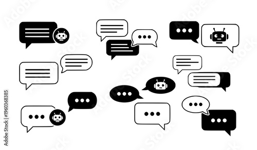 A vector graphic illustration of a collection of chat and speech bubbles with robot and human icons on a white background in a flat minimal design style