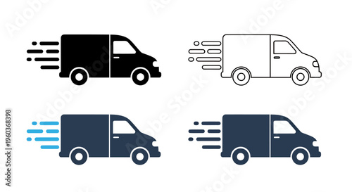 Collection of four colorful delivery van icons with motion lines in different colors.